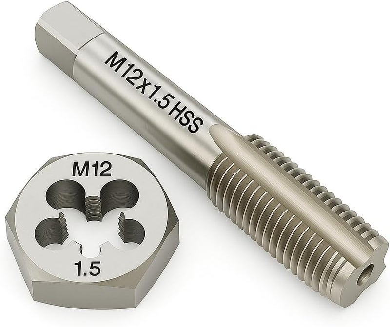 Yamesh M12x1.5 Metric Tap and Die Set Right Hand HSS Tap & GCr15 Hex Die for Metal Thread Repair - Image 1